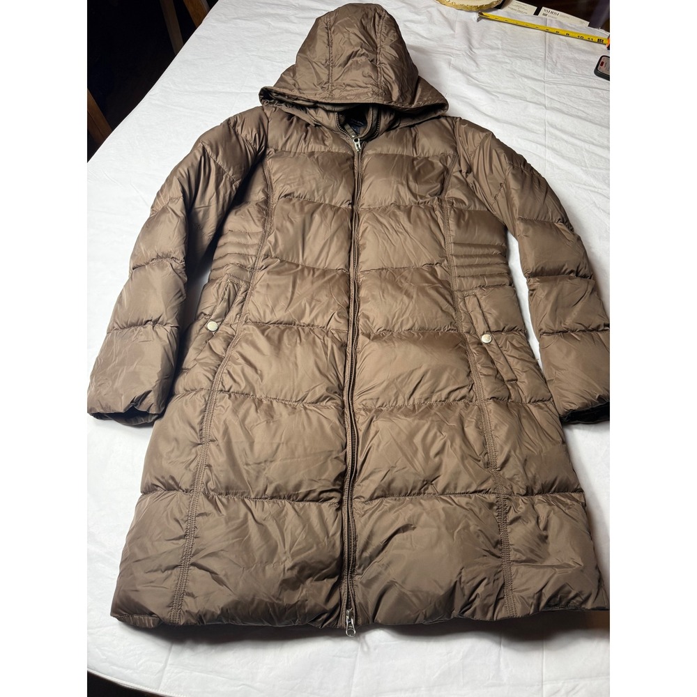 Lands End Down Parka Jacket Womens M 10-12 Brown Good Removable Hood Quilted